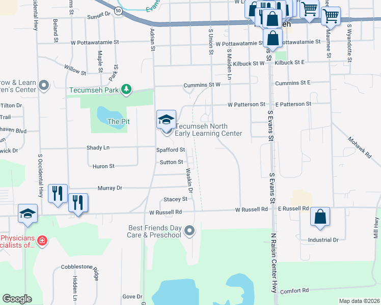 map of restaurants, bars, coffee shops, grocery stores, and more near 700 Waskin Drive in Tecumseh