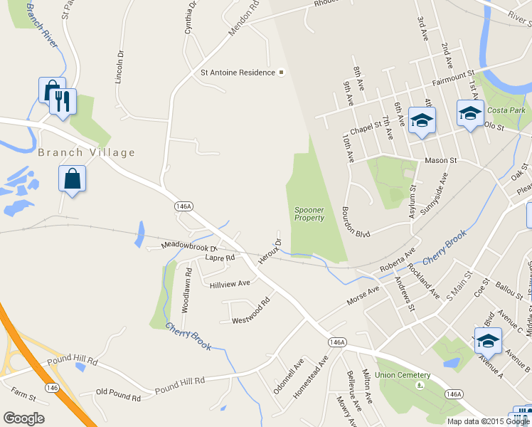 map of restaurants, bars, coffee shops, grocery stores, and more near 10 Heroux Drive in North Smithfield