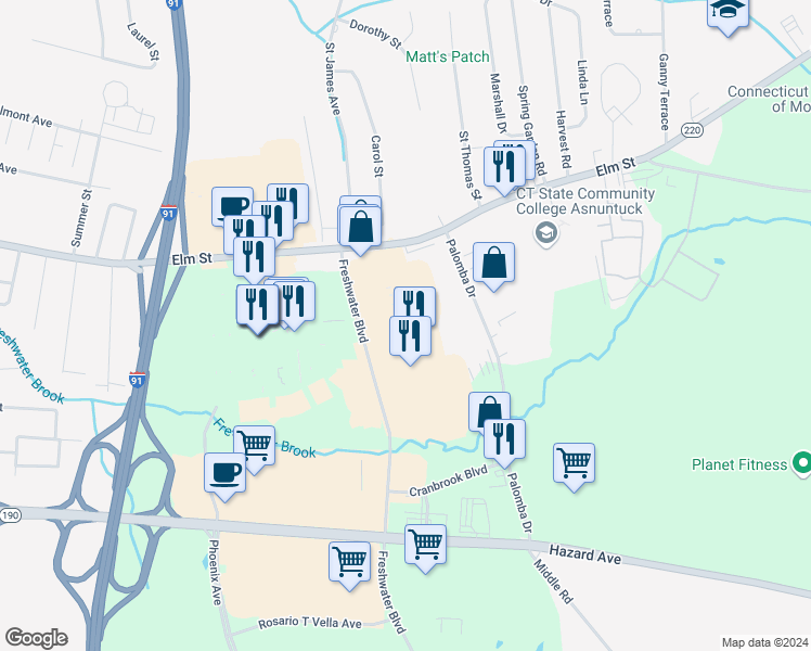 map of restaurants, bars, coffee shops, grocery stores, and more near 136 Elm Street in Enfield