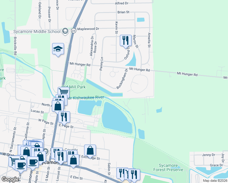 map of restaurants, bars, coffee shops, grocery stores, and more near 164 Penny Lane in Sycamore