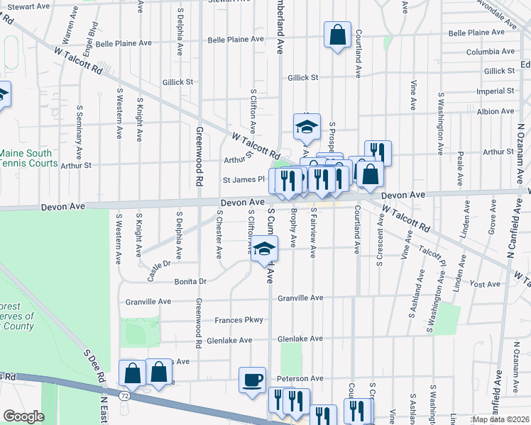 map of restaurants, bars, coffee shops, grocery stores, and more near 1222 South Cumberland Avenue in Park Ridge