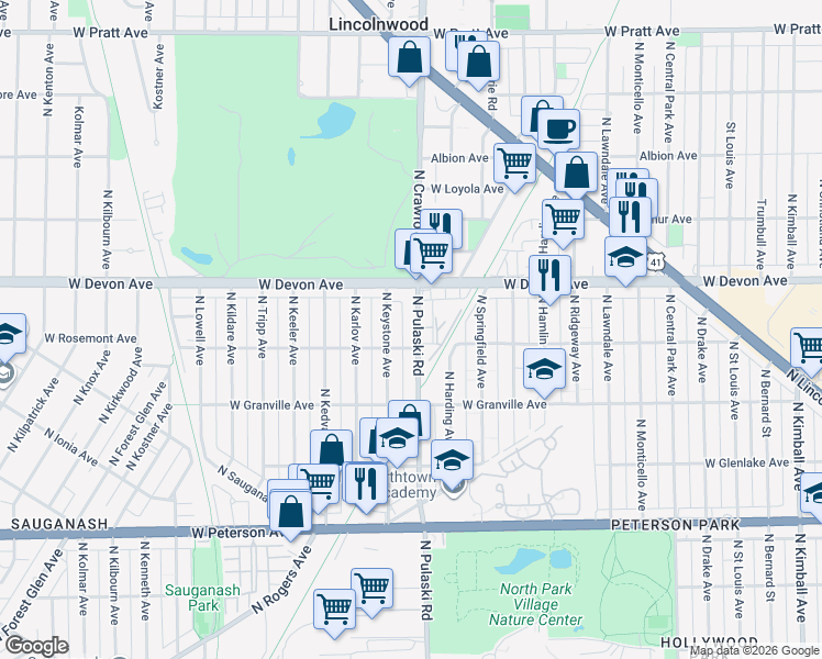 map of restaurants, bars, coffee shops, grocery stores, and more near 6316 North Pulaski Road in Chicago