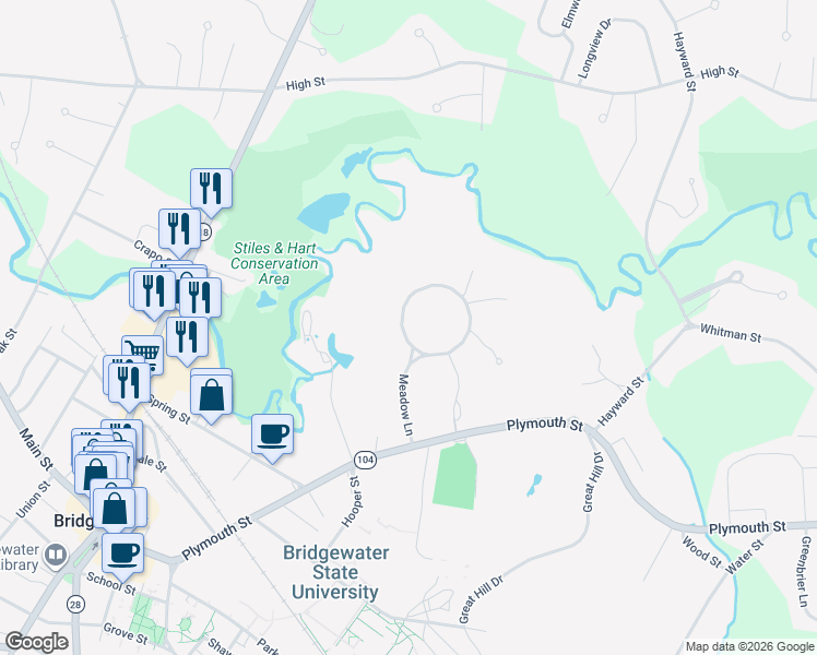 map of restaurants, bars, coffee shops, grocery stores, and more near 10 Meadow Lane in Bridgewater
