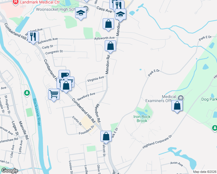 map of restaurants, bars, coffee shops, grocery stores, and more near 1805 Mendon Road in Woonsocket