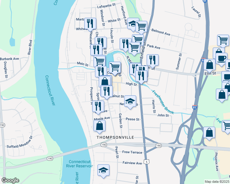 map of restaurants, bars, coffee shops, grocery stores, and more near 11 Walnut Street in Enfield