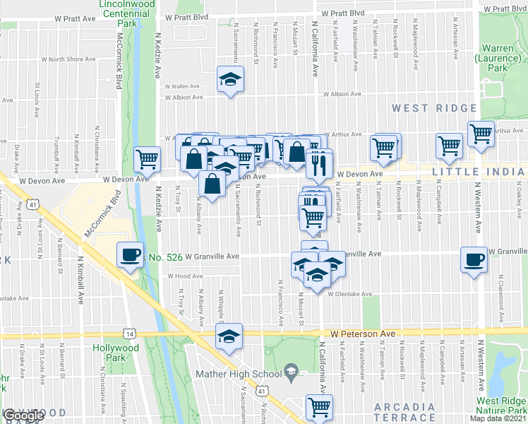 map of restaurants, bars, coffee shops, grocery stores, and more near 6250 North Richmond Street in Chicago