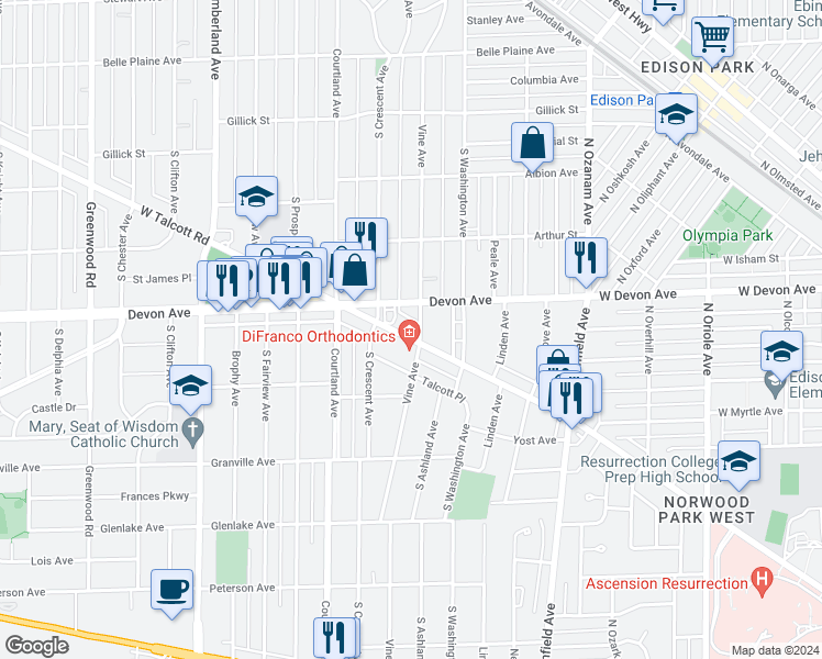 map of restaurants, bars, coffee shops, grocery stores, and more near in Park Ridge