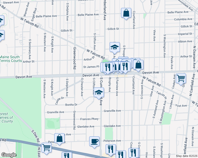 map of restaurants, bars, coffee shops, grocery stores, and more near 1222 South Cumberland Avenue in Park Ridge