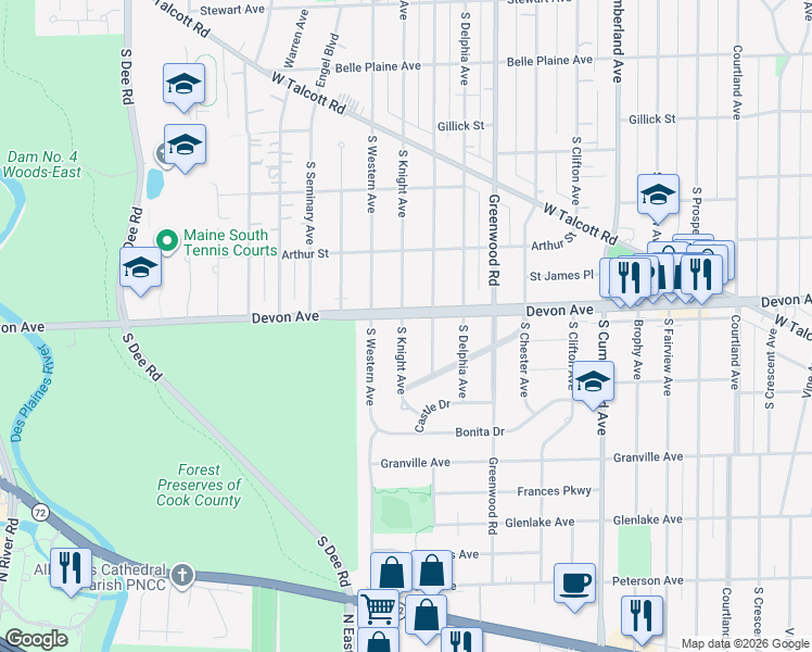 map of restaurants, bars, coffee shops, grocery stores, and more near 1219 South Knight Avenue in Park Ridge