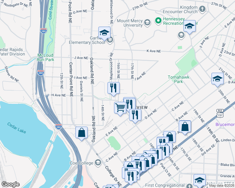 map of restaurants, bars, coffee shops, grocery stores, and more near 903 16th Street Northeast in Cedar Rapids