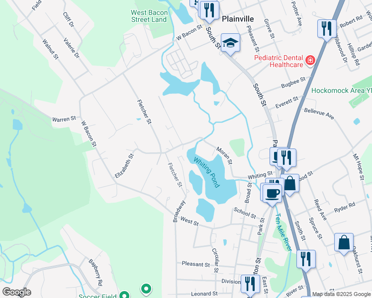 map of restaurants, bars, coffee shops, grocery stores, and more near 657 Broadway in North Attleborough