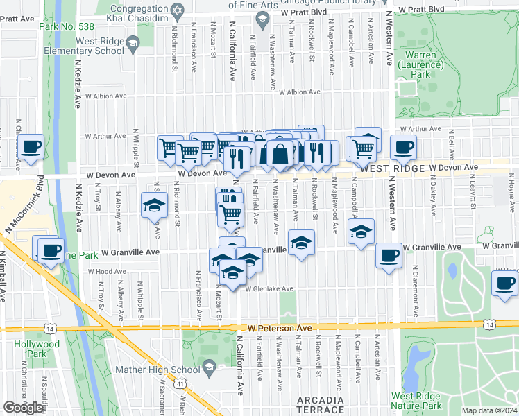 map of restaurants, bars, coffee shops, grocery stores, and more near 6250 North Washtenaw Avenue in Chicago