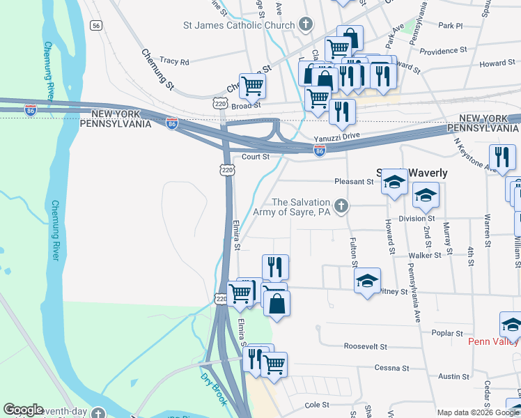 map of restaurants, bars, coffee shops, grocery stores, and more near 357 Loder Street in South Waverly