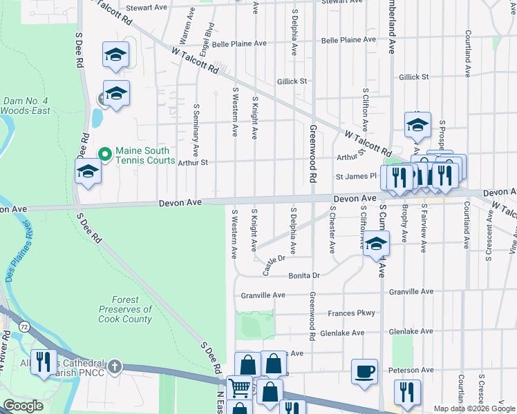 map of restaurants, bars, coffee shops, grocery stores, and more near 1219 South Knight Avenue in Park Ridge