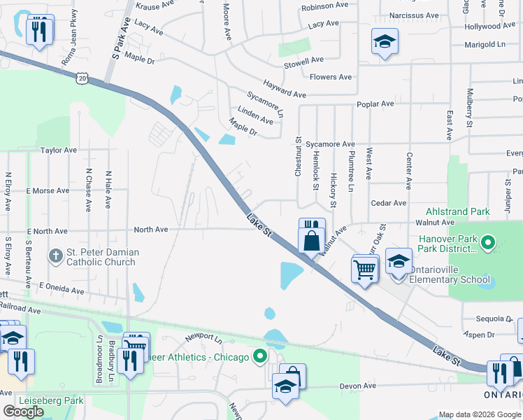 map of restaurants, bars, coffee shops, grocery stores, and more near in Streamwood