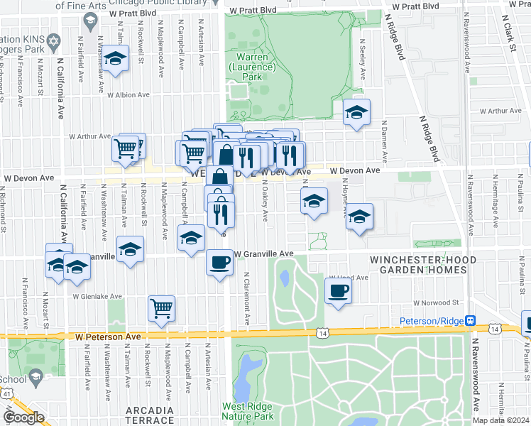 map of restaurants, bars, coffee shops, grocery stores, and more near North Oakley Avenue & West Rosemont Avenue in Chicago