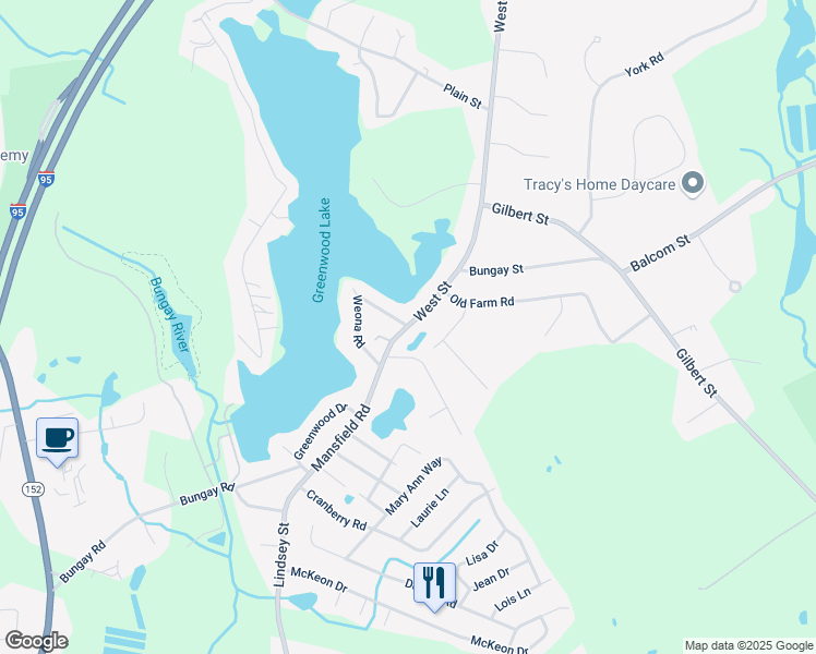 map of restaurants, bars, coffee shops, grocery stores, and more near 1169 Mansfield Road in North Attleborough