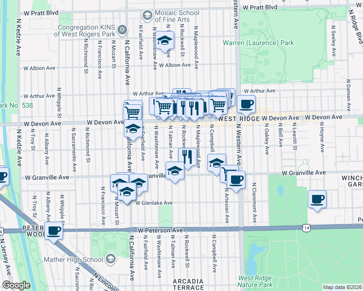 map of restaurants, bars, coffee shops, grocery stores, and more near 6300 North Rockwell Street in Chicago