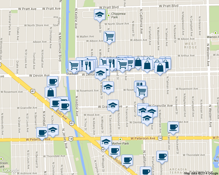 map of restaurants, bars, coffee shops, grocery stores, and more near 6320 North Sacramento Avenue in Chicago