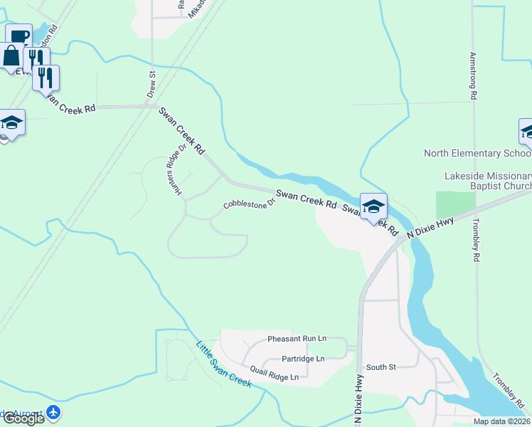 map of restaurants, bars, coffee shops, grocery stores, and more near 8573 Cobblestone Drive in Charter Township of Berlin