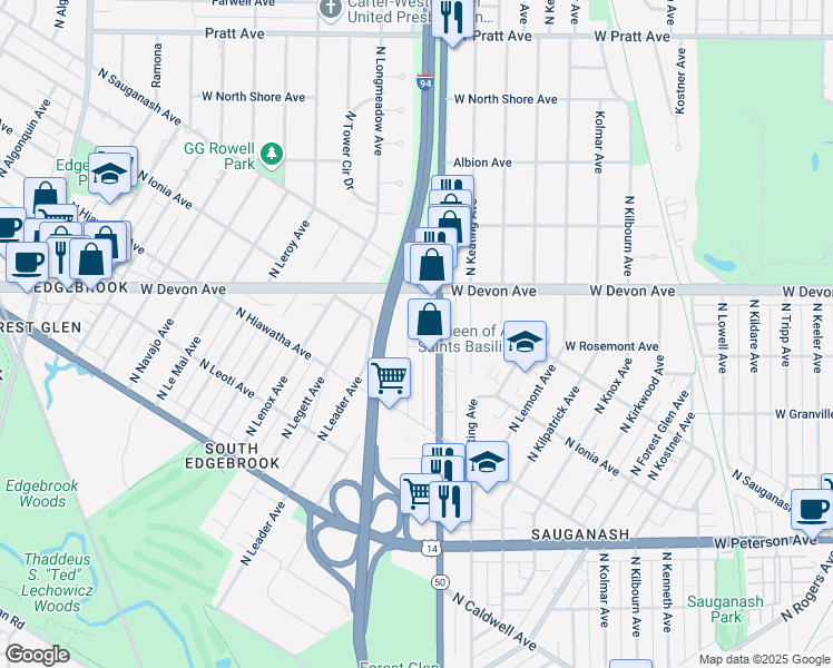 map of restaurants, bars, coffee shops, grocery stores, and more near 6288 North Cicero Avenue in Chicago