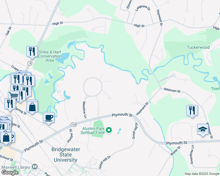 map of restaurants, bars, coffee shops, grocery stores, and more near 51 Meadow Lane in Bridgewater