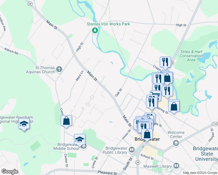 map of restaurants, bars, coffee shops, grocery stores, and more near 225 Main Street in Bridgewater