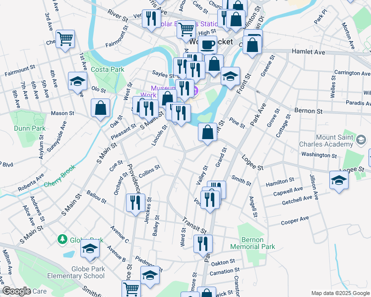 map of restaurants, bars, coffee shops, grocery stores, and more near 10 Transit Street in Woonsocket