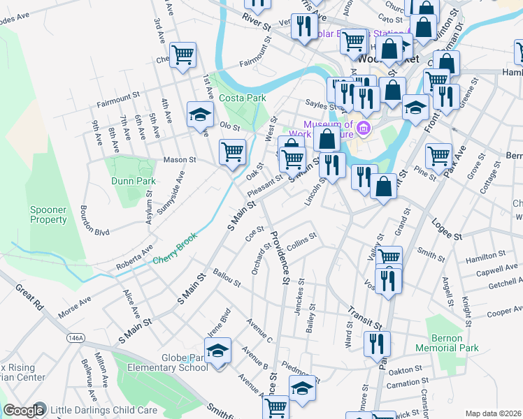 map of restaurants, bars, coffee shops, grocery stores, and more near 17 Coe Street in Woonsocket