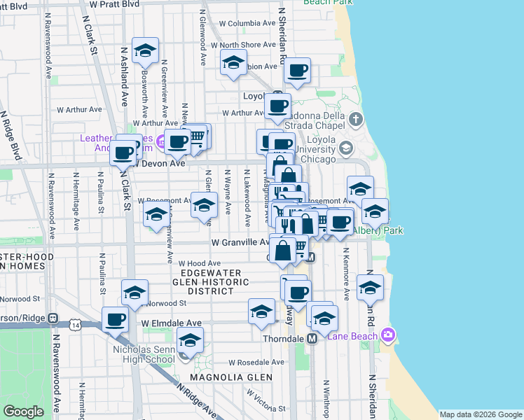 map of restaurants, bars, coffee shops, grocery stores, and more near 6231 North Magnolia Avenue in Chicago