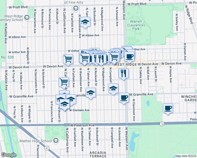 map of restaurants, bars, coffee shops, grocery stores, and more near 6251 North Rockwell Street in Chicago