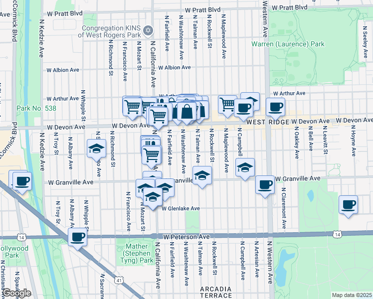 map of restaurants, bars, coffee shops, grocery stores, and more near 6250 North Washtenaw Avenue in Chicago