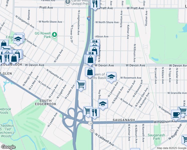 map of restaurants, bars, coffee shops, grocery stores, and more near 6288 North Cicero Avenue in Chicago