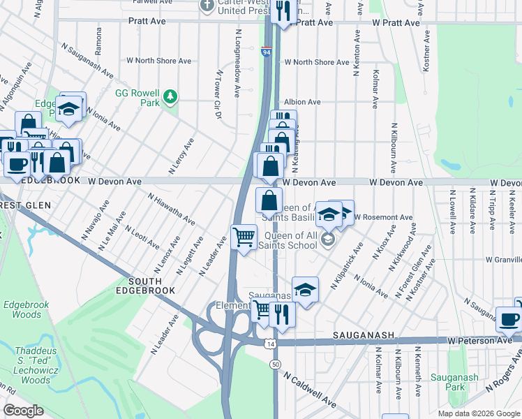 map of restaurants, bars, coffee shops, grocery stores, and more near 6288 North Cicero Avenue in Chicago