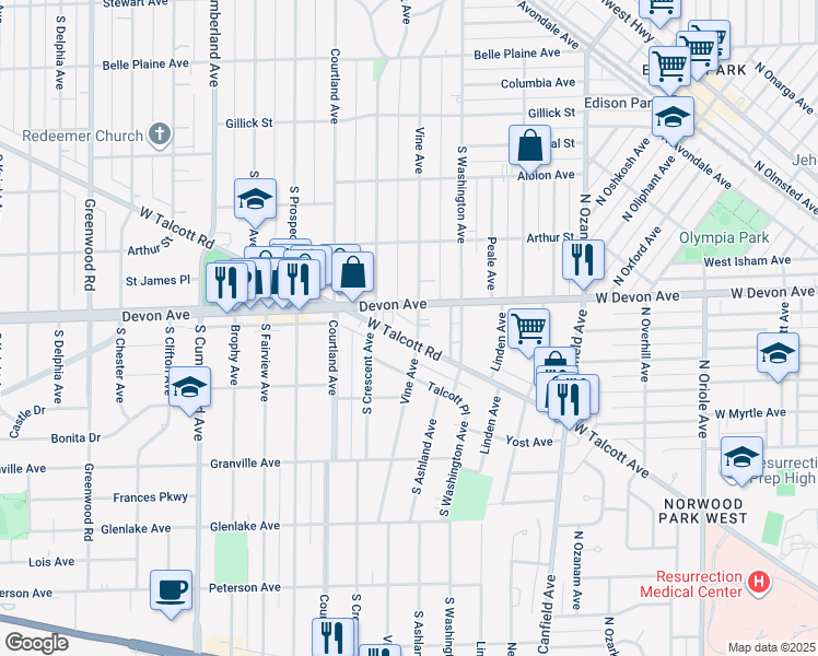 map of restaurants, bars, coffee shops, grocery stores, and more near in Park Ridge