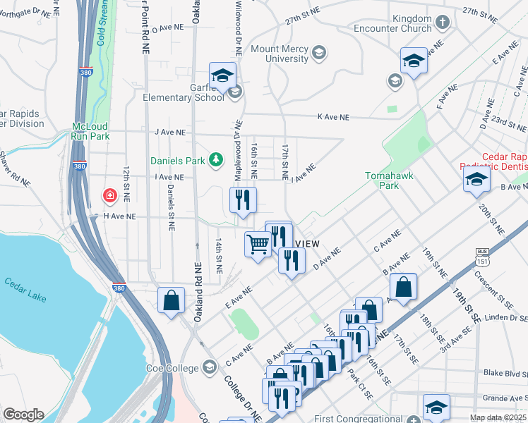 map of restaurants, bars, coffee shops, grocery stores, and more near 903 16th Street Northeast in Cedar Rapids