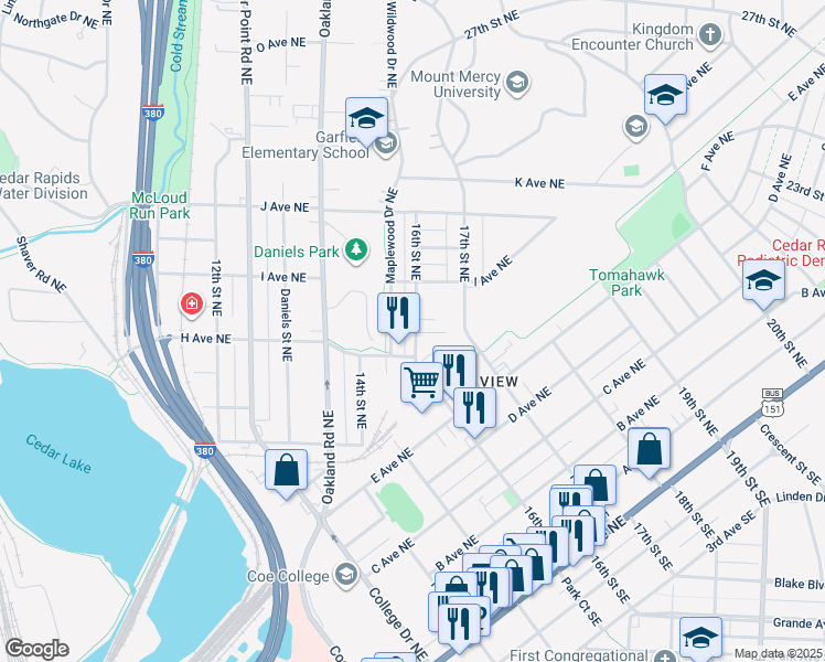 map of restaurants, bars, coffee shops, grocery stores, and more near 903 16th Street Northeast in Cedar Rapids