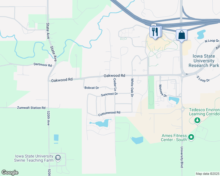 map of restaurants, bars, coffee shops, grocery stores, and more near 2507 Suncrest Drive in Ames