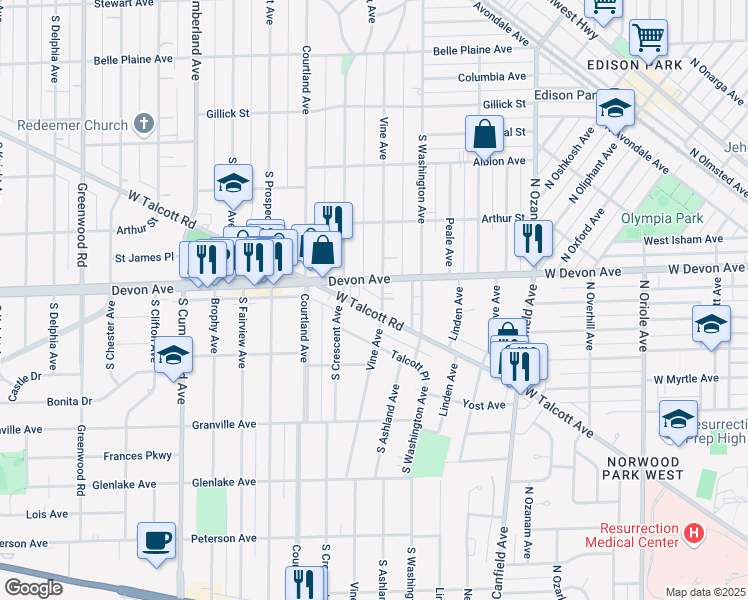map of restaurants, bars, coffee shops, grocery stores, and more near 1212 Vine Avenue in Park Ridge