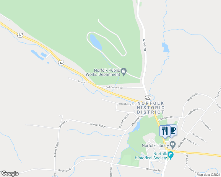 map of restaurants, bars, coffee shops, grocery stores, and more near 53 Old Colony Road in Litchfield County