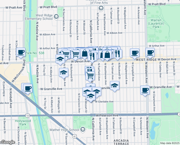 map of restaurants, bars, coffee shops, grocery stores, and more near 6300 North California Avenue in Chicago