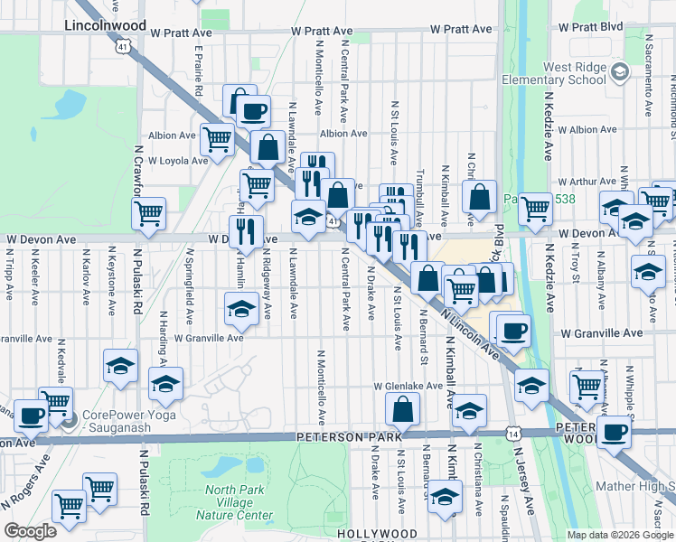 map of restaurants, bars, coffee shops, grocery stores, and more near 6301 North Monticello Avenue in Chicago