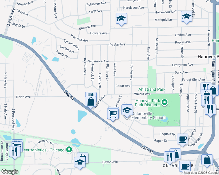 map of restaurants, bars, coffee shops, grocery stores, and more near 2200 Walnut Avenue in Hanover Park