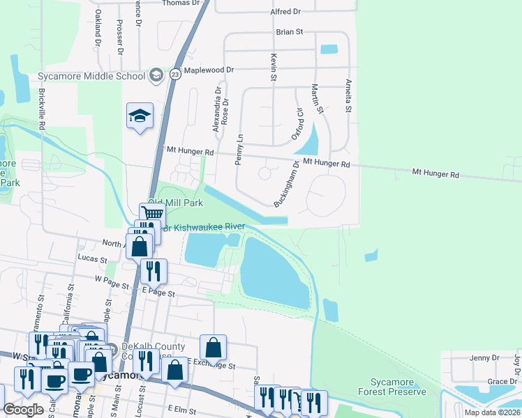 map of restaurants, bars, coffee shops, grocery stores, and more near 164 Penny Lane in Sycamore