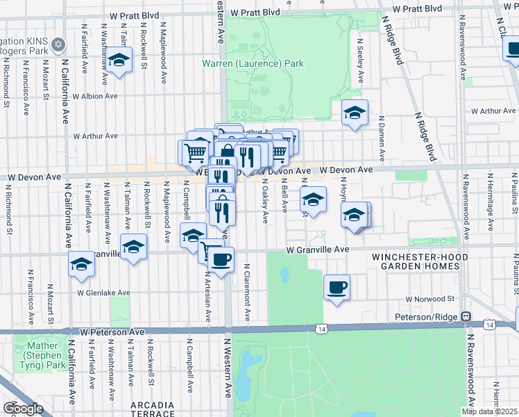 map of restaurants, bars, coffee shops, grocery stores, and more near 6245 North Claremont Avenue in Chicago