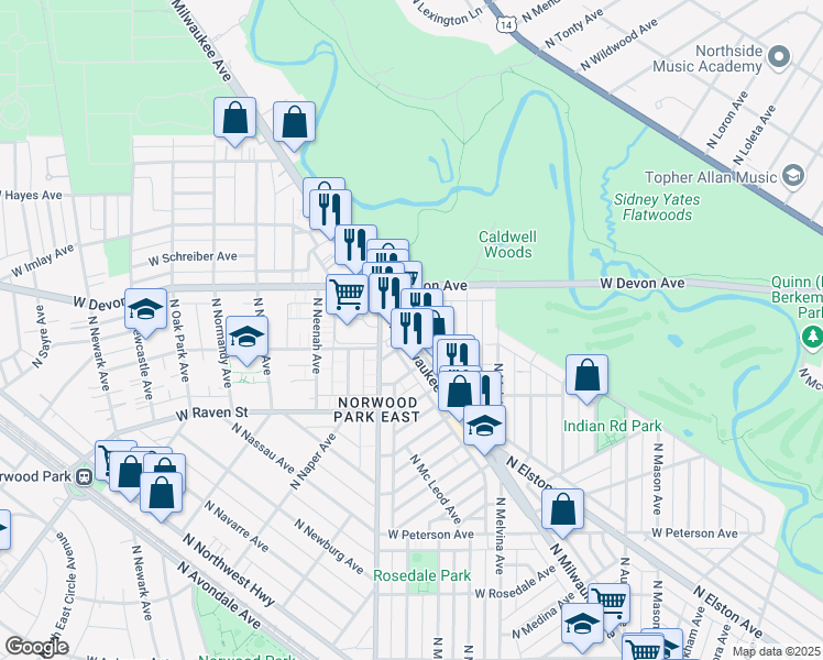 map of restaurants, bars, coffee shops, grocery stores, and more near 6309 North Milwaukee Avenue in Chicago