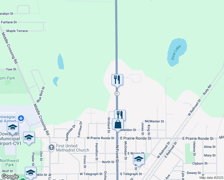 map of restaurants, bars, coffee shops, grocery stores, and more near 55170 M 51 North in Dowagiac