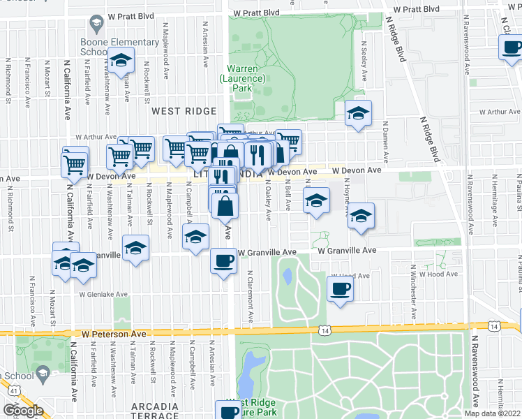 map of restaurants, bars, coffee shops, grocery stores, and more near 6245 North Claremont Avenue in Chicago