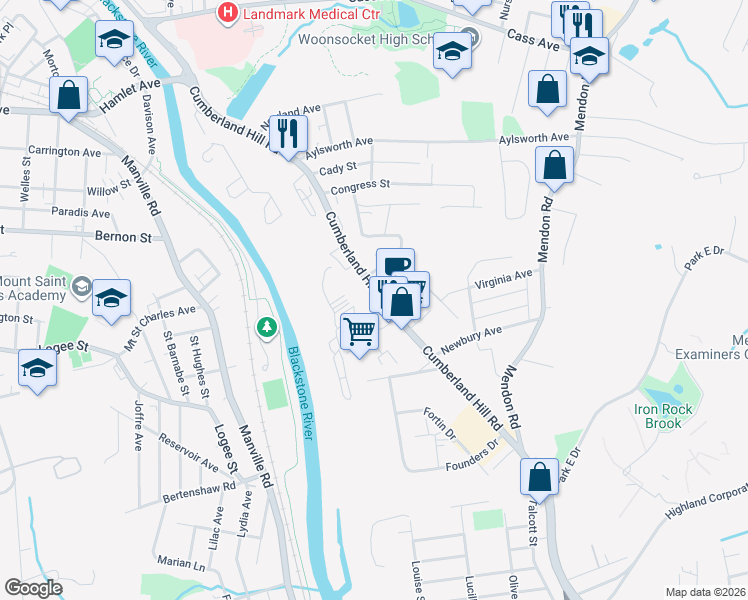 map of restaurants, bars, coffee shops, grocery stores, and more near 5 Madison Avenue in Woonsocket