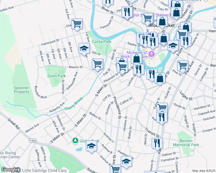 map of restaurants, bars, coffee shops, grocery stores, and more near 17 Coe Street in Woonsocket